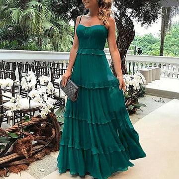 Boho Holiday Prom Dress Spaghetti Strap Sleeveless Floor Length Chiffon with Ruffles HZ1023