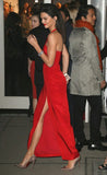 A Line Satin One Shoulder Red Side Slit Prom Dresses Evening Formal Gowns HZ1023