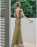 Satin Backless Long Dress Short Sleeve Lace Vintage Bodycon Dress Prom Dress HZ1023