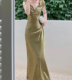 Satin Backless Long Dress Short Sleeve Lace Vintage Bodycon Dress Prom Dress HZ1023