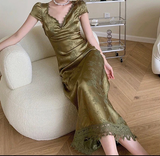Satin Backless Long Dress Short Sleeve Lace Vintage Bodycon Dress Prom Dress HZ1023