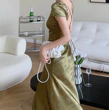 Satin Backless Long Dress Short Sleeve Lace Vintage Bodycon Dress Prom Dress HZ1023