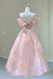 A Line Pink Tulle Lace Off The Shoulder Prom Dresses, Formal Evening Dress HZ1023