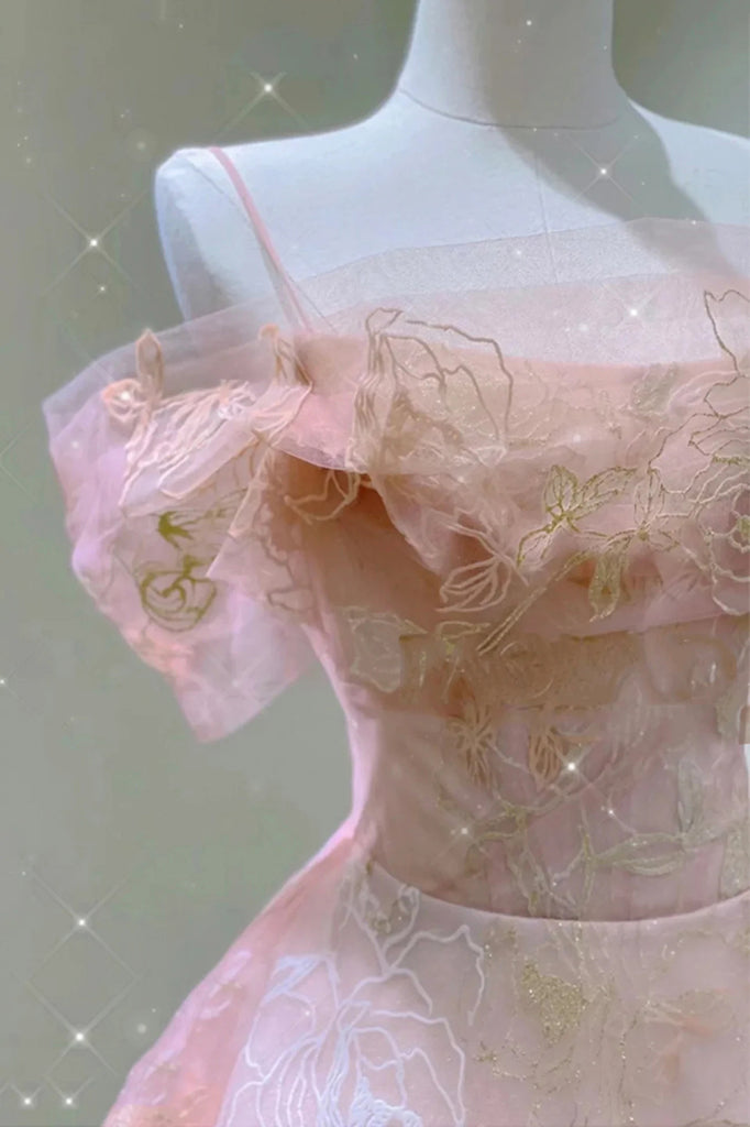 A Line Pink Tulle Lace Off The Shoulder Prom Dresses, Formal Evening Dress HZ1023