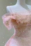 A Line Pink Tulle Lace Off The Shoulder Prom Dresses, Formal Evening Dress HZ1023