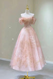 A Line Pink Tulle Lace Off The Shoulder Prom Dresses, Formal Evening Dress HZ1023