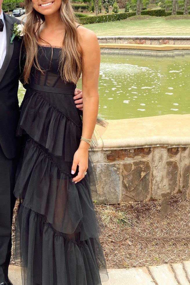 Simple A-Line Layered Tulle Black Prom Dresses, Long Party Dance Dresses HZ1023