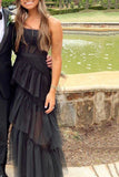 Simple A-Line Layered Tulle Black Prom Dresses, Long Party Dance Dresses HZ1023