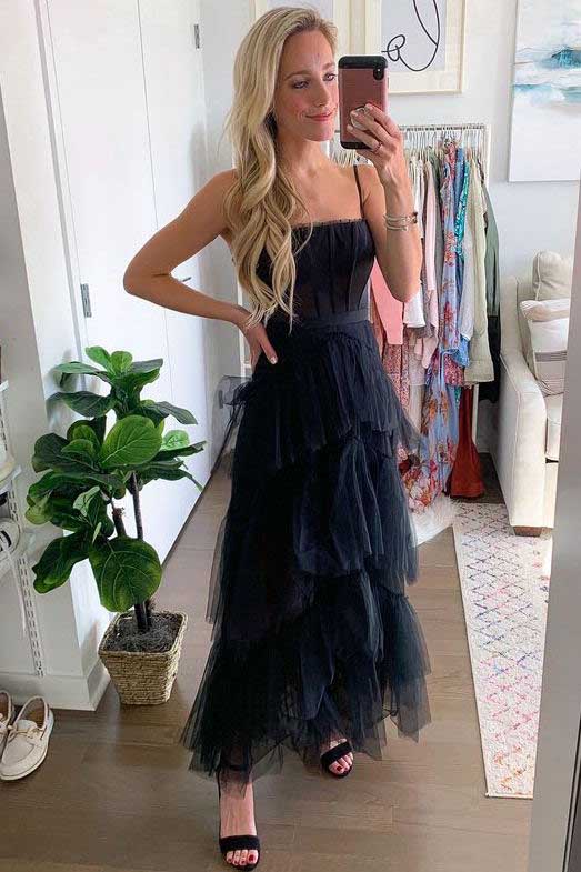 Simple A-Line Layered Tulle Black Prom Dresses, Long Party Dance Dresses HZ1023