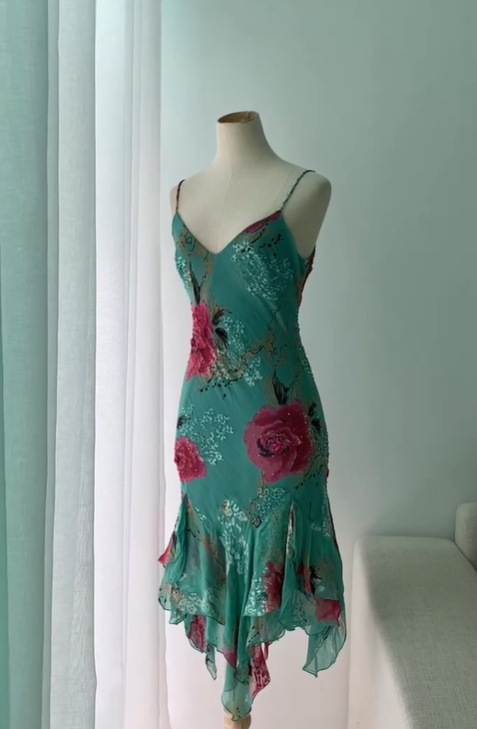 Vintage Mermaid Spaghetti Strap Ruffle Beaded Chiffon Evening Dress Outfits HZ1023