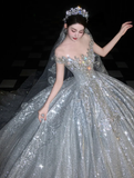 Shiny Rhinestone Beaded Silver Sequin Ball V Neck Prom Dress Evening Dress Party Dress HZ1023