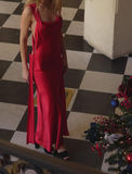 Sexy Red Sheath Straps Satin Open Back Long Wedding Guest Dress Party Dress HZ1023
