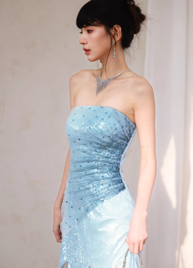 Blue Classy A Line Strapless Sequin Tulle Long Evening Dress Gown Dress HZ1023