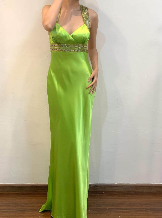 Vintage Sheath Strap Beaded Sequin Green Satin Open Back Prom Dress Evening Dress HZ1023