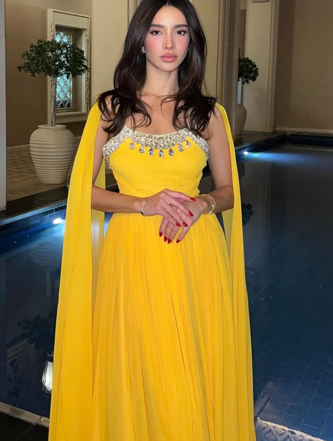 Yellow A Line Spaghetti Straps Rhinestone Chiffon Long Prom Dress Evening Dress HZ1023