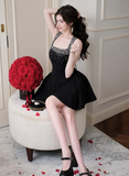 Classic Black Shiny Rhinestone A Line Straps Satin Short Homecoming Dress Cocktail Dress HZ1023
