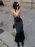 Black Mermaid Spaghetti Straps Lace Satin Long Prom Dress Evening Dress HZ1023
