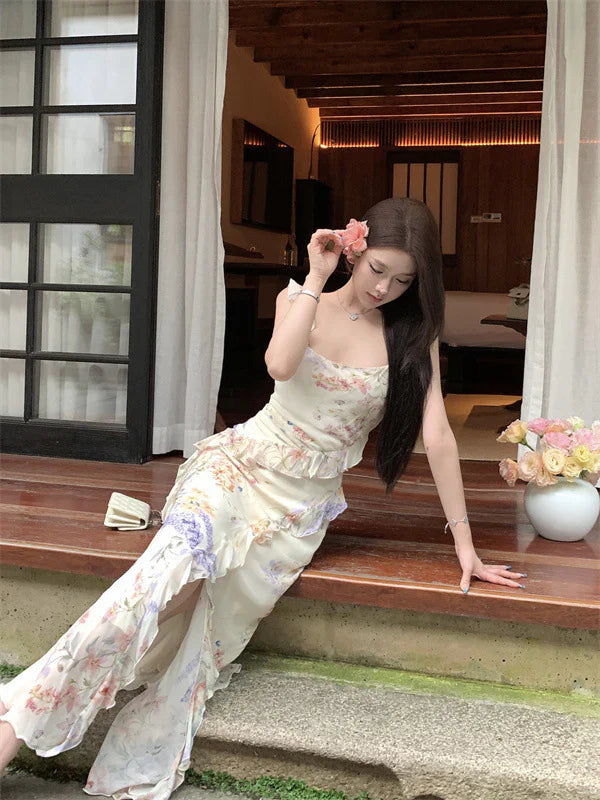 Pretty Mermaid Straps Print Floral Ruffle Chiffon Long Prom Dress Evening Dress HZ1023