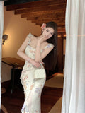 Pretty Mermaid Straps Print Floral Ruffle Chiffon Long Prom Dress Evening Dress HZ1023