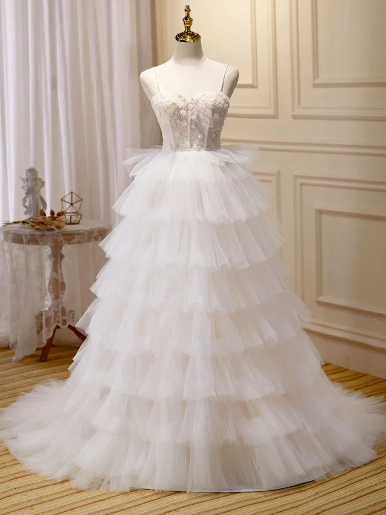 White Sweetheart Neck Appliques Tulle Long Prom Dresses Evening Dresses HZ1023
