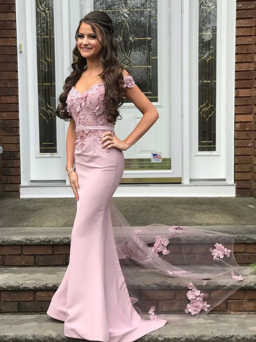 Pink Off The Shoulder Sweetheart Long Mermaid Prom Dress Elegant Party Dress HZ1023