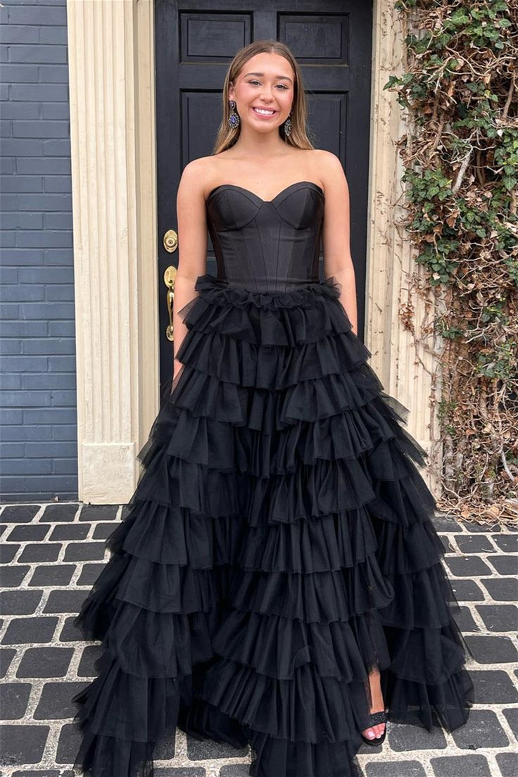 Black Strapless Multi-Layers Tulle Long Prom Dress HZ1023