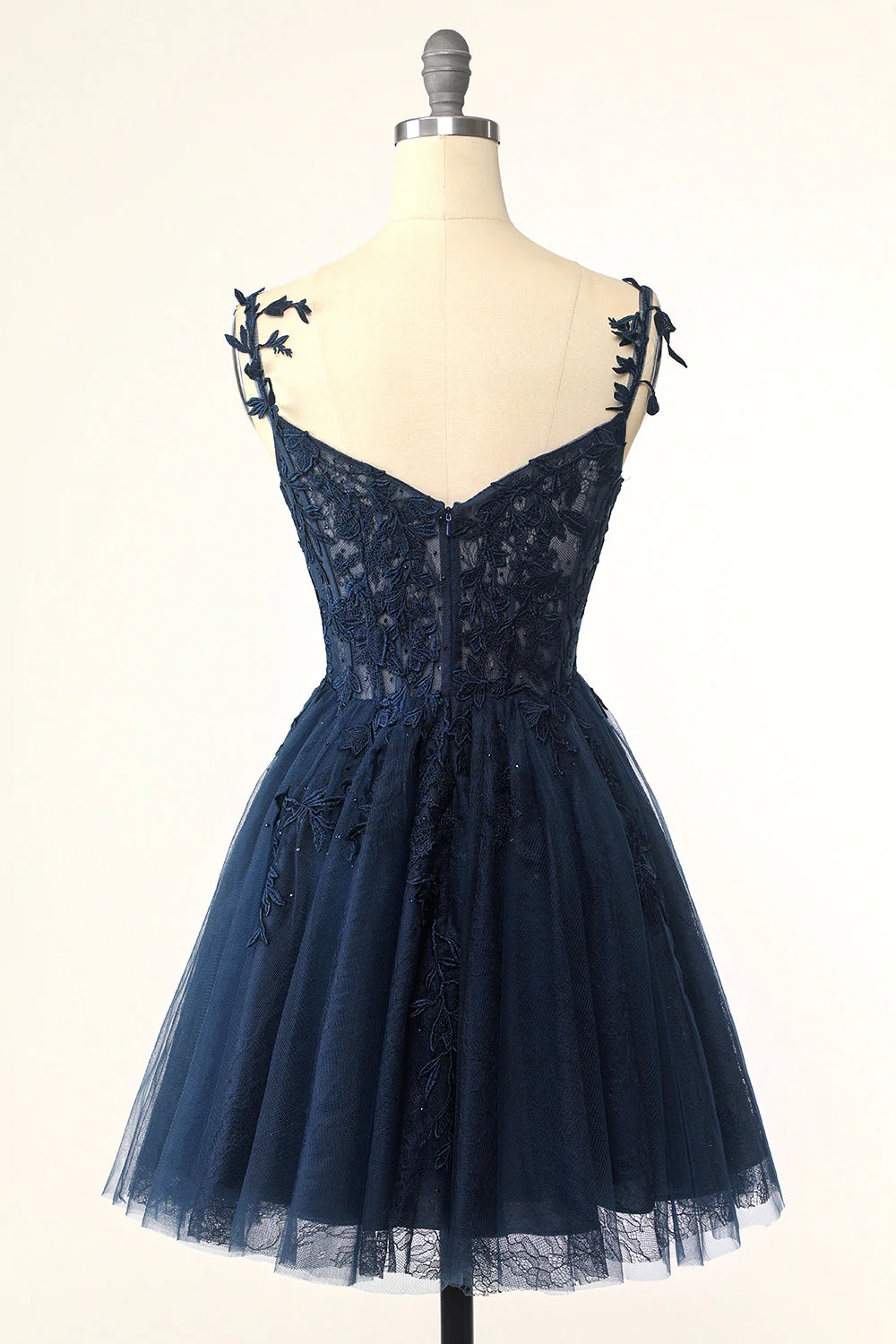 Navy Blue Spaghetti Straps Short Homecoming Dress With Appliques HZ1023