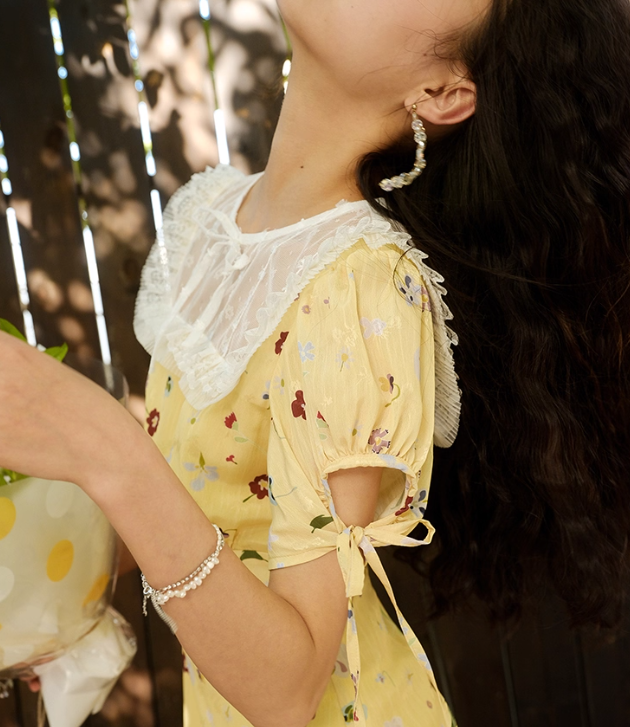 Cute A Line Puff Print Floral Lace Yellow Chiffon Summer Dress Party Dress Outfits HZ1023