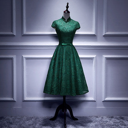 A line Dark Green Lace Short Prom Dresses HZ1023