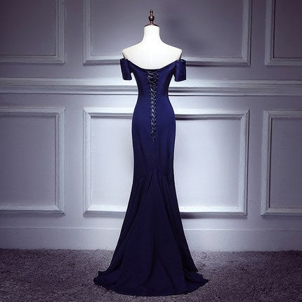 Mermaid Navy Blue Satin Prom Dresses HZ1023