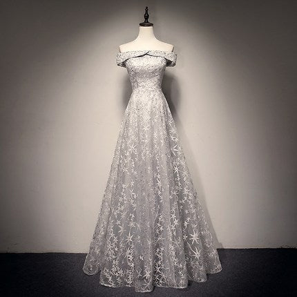 A Line Tulle Prom Dresses White Lace Bridesmaid Dress HZ1023