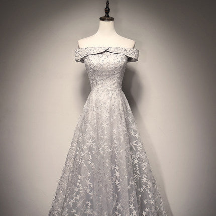 A Line Tulle Prom Dresses White Lace Bridesmaid Dress HZ1023