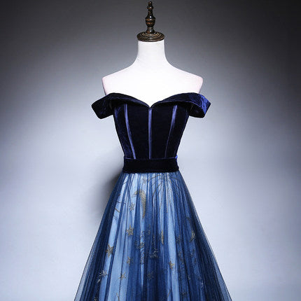 A Line Tulle Prom Dresses Navy Blue Evening Dress HZ1023