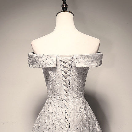 A Line Tulle Prom Dresses White Lace Bridesmaid Dress HZ1023