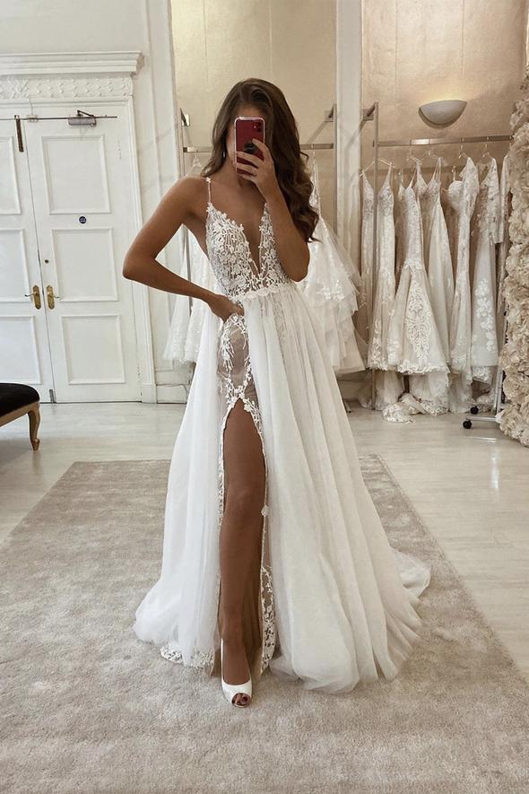 White v neck lace long prom dress white evening dress HZ1023