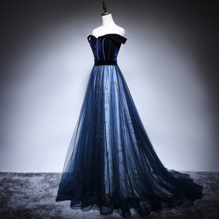 A Line Tulle Prom Dresses Navy Blue Evening Dress HZ1023