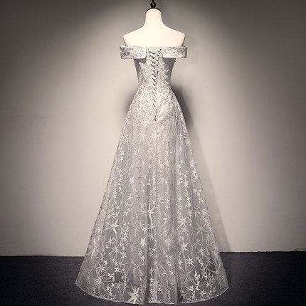 A Line Tulle Prom Dresses White Lace Bridesmaid Dress HZ1023