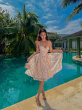 Cute A Line Spaghetti Strap Pink Print Floral Chiffon Short Vacation Dress Outfits HZ1023