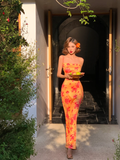 Sexy Sheath Spaghetti Straps Orange Print Floral Satin Long Prom Dress Outfits HZ1023