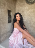 Pink A Line Strapless Floral Ruffle Layered Satin Short Homecoming Dress Outfits HZ1023