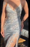 Vintage Sheath Spaghetti Strap Lace Baby Blue Satin Party Dress Evening Dress with Slit HZ1023