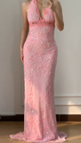 Vintage Sheath V Neck Beaded Pink Chiffon Long Prom Dress Evening Dress HZ1023