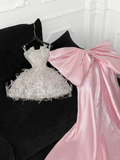 Pink Bow A Line Strapless Silver Sequin Beaded Tulle Homecoming Dress Party Dress HZ1023