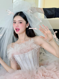 Cute A Line Strapless Corset Feather Pink Tulle Short Homecoming Dress Cocktail Dress HZ1023
