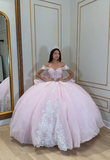 Pink Ball Gown Off the Shoulder Appliques Beaded Tulle Sweet 16 Dress Party Gowns Quinceanera Dresses HZ1023