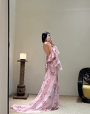 Flowy Pink A Line Spaghetti Strap Print Floral Chiffon Open Back Prom Dress Vacation Dress HZ1023