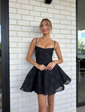 Cute A Line Spaghetti Strap Printed Floral Black Tulle Short Homecoming Dress Outfits HZ1023