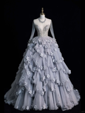 Unique A Line Long Sleeve Flower Tiered Tulle Long Party Dress Evening Dress Ball Gown HZ1023