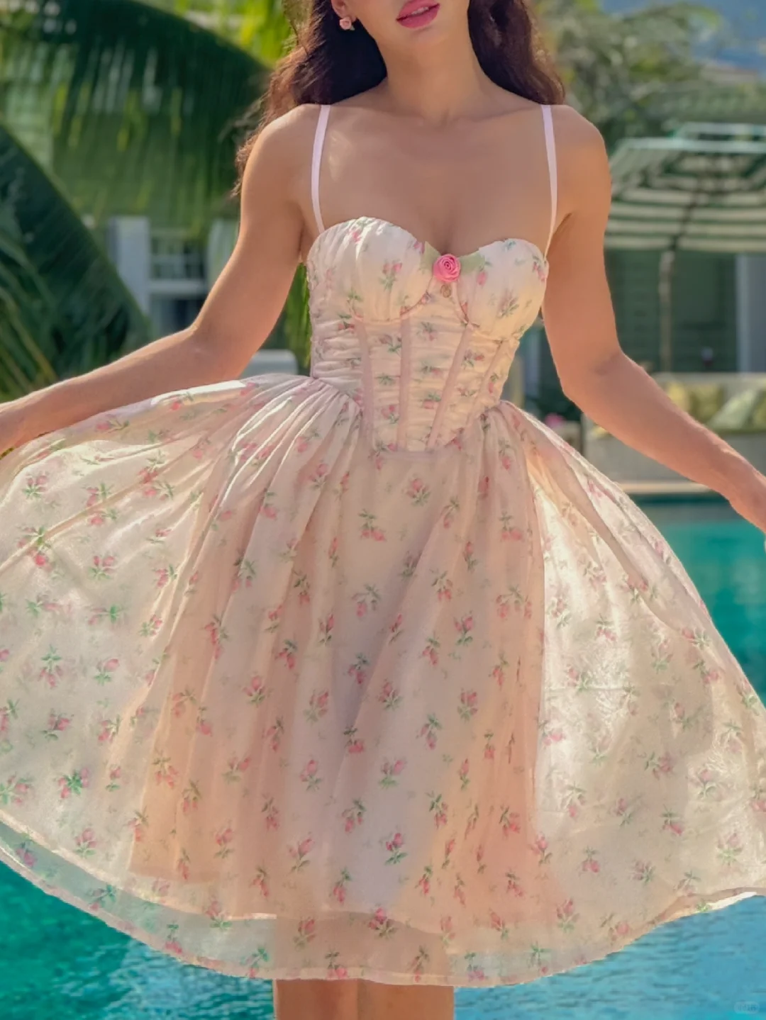 Cute A Line Spaghetti Strap Pink Print Floral Chiffon Short Vacation Dress Outfits HZ1023