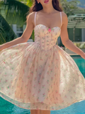 Cute A Line Spaghetti Strap Pink Print Floral Chiffon Short Vacation Dress Outfits HZ1023